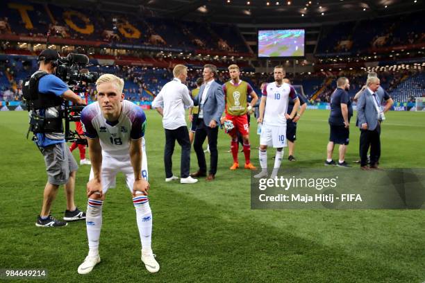 Hordur Magnusson of Iceland looks dejected following his sides defeat in the 2018 FIFA World Cup Russia group D match between Iceland and Croatia at...