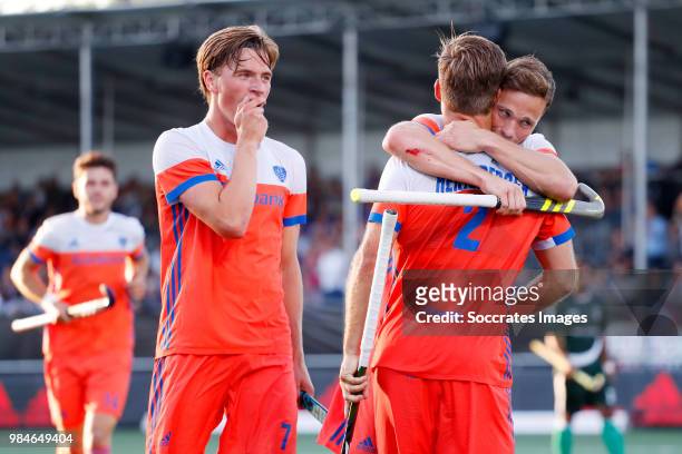 Jeroen Hertzberger of Holland celebrates 3-0 with Thijs van Dam of Holland, Jorrit Croon of Holland during the Champions Trophy match between Holland...