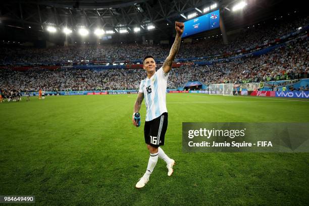 Marcos Rojo of Argentina celebrates victory following the 2018 FIFA World Cup Russia group D match between Nigeria and Argentina at Saint Petersburg...