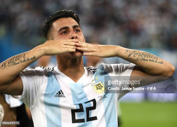 Cristian Pavon of Argentina celebrates victory following the 2018 FIFA World Cup Russia group D match between Nigeria and Argentina at Saint...