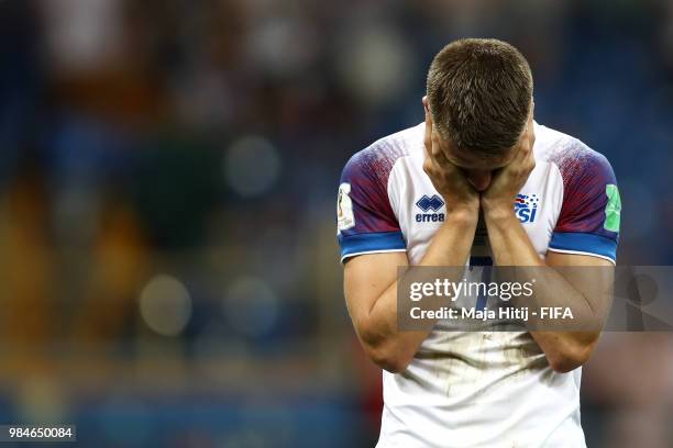 Johann Gudmundsson of Iceland looks dejected following his sides defeat in the 2018 FIFA World Cup Russia group D match between Iceland and Croatia...