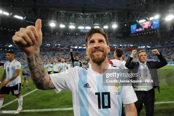 Lionel Messi of Argentina celebrates victory during the 2018 FIFA World Cup Russia group D match between Nigeria and Argentina at Saint Petersburg...