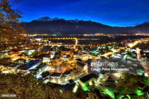 nightscene of vaduz in liechtenstein at night - liechtenstein cityscape stock pictures, royalty-free photos & images