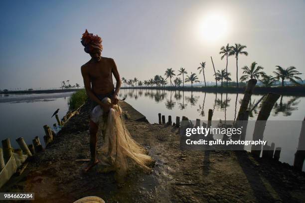 fisherman with his net kadamakkudy,kerala - fish hatchery stock-fotos und bilder