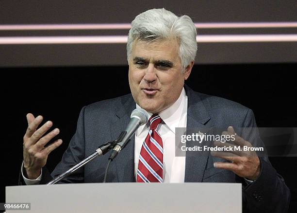 Television host Jay Leno speaks during the American Women in Radio and Television 2010 Genii Awards at the Skirball Cultural Center on April 14, 2010...