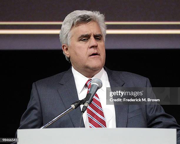 Television host Jay Leno speaks during the American Women in Radio and Television 2010 Genii Awards at the Skirball Cultural Center on April 14, 2010...