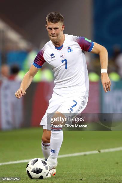 Johann Gudmundsson of Iceland runs with the ball during the 2018 FIFA World Cup Russia group D match between Iceland and Croatia at Rostov Arena on...