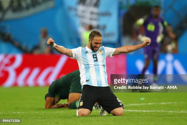 Gonzalo Higuain of Argentina celebrates at the end of the 2018 FIFA World Cup Russia group D match between Nigeria and Argentina at Saint Petersburg...