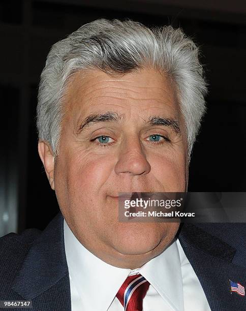 Host Jay Leno presents at the American Women in Radio & Television Southern California 2010 Genii Awards at Skirball Cultural Center on April 14,...