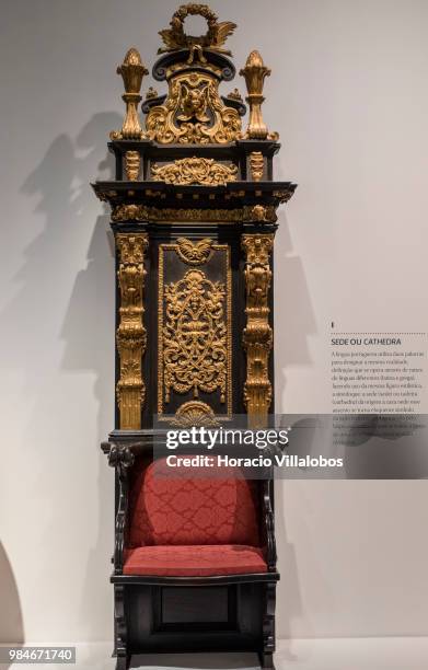 Bishop's seat on display at "Na Rota Das Catedrais - Construcoes E Identidades" exhibition in D. Luis I gallery of Palacio Nacional da Ajuda on June...