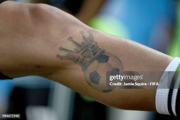 Tattoo is seen on Paulo Dybala of Argentina's leg during the 2018 FIFA World Cup Russia group D match between Nigeria and Argentina at Saint...