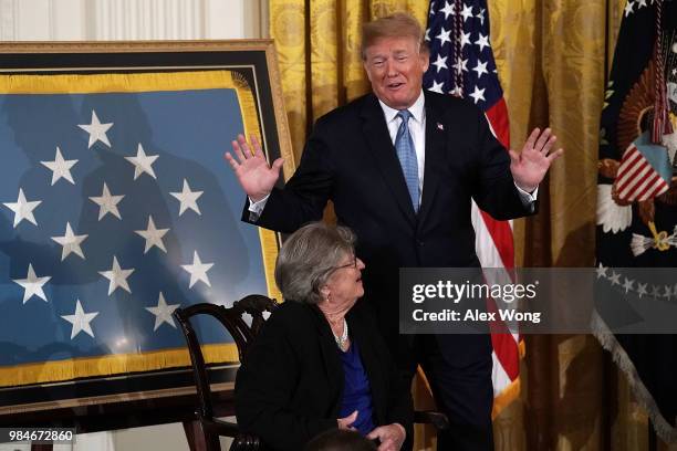 President Donald Trump and Pauline Lyda Wells Conner , widow of U.S. Army First Lieutenant Garlin M. Conner, during an East Room Medal of Honor...