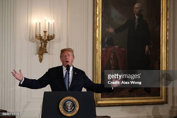 President Donald Trump speaks during an East Room Medal of Honor ceremony for U.S. Army First Lieutenant Garlin M. Conner, June 26, 2018 at the White...