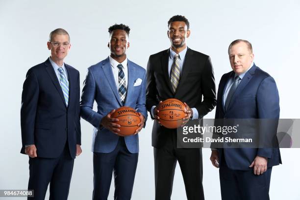 General manager Scott Layden, Josh Okogie, Keita Bates-Diop, and head coach Tom Thibodeau of the Minnesota Timberwolves pose for a portrait on June...