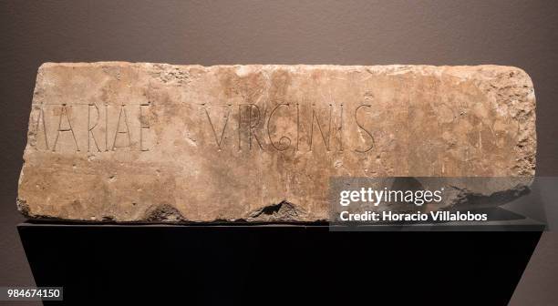 Century carved Lintel fragment from Coimbra on display at "Na Rota Das Catedrais - Construcoes E Identidades" exhibition in D. Luis I gallery of...