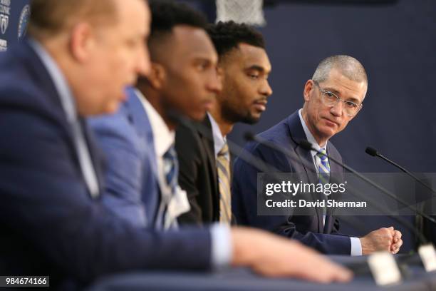 General manager Scott Layden of the Minnesota Timberwolves introduces Josh Okogie and Keita Bates-Diop during a press conference on June 26, 2018 at...