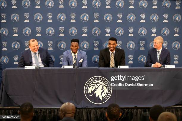 Head coach Tom Thibodeau and general manager Scott Layden of the Minnesota Timberwolves introduce Josh Okogie and Keita Bates-Diop during a press...