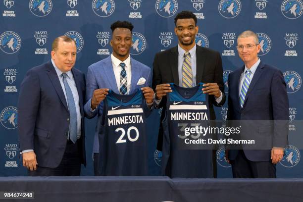 Head coach Tom Thibodeau and general manager Scott Layden of the Minnesota Timberwolves introduce Josh Okogie and Keita Bates-Diop during a press...