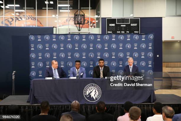Head coach Tom Thibodeau and general manager Scott Layden of the Minnesota Timberwolves introduce Josh Okogie and Keita Bates-Diop during a press...