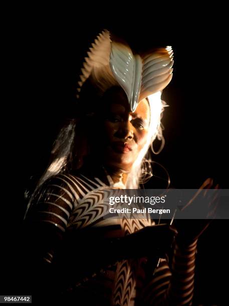 Grace Jones performs on stage at Vredenburg Leidsche Rijn on April 13, 2010 in Utrecht, Netherlands.