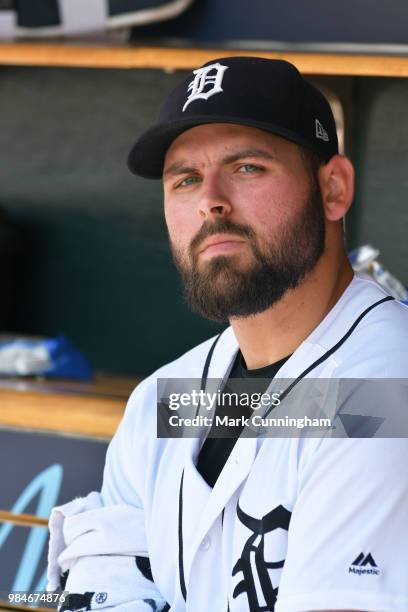 Michael Fulmer of the Detroit Tigers looks on from the dugout during the game against the Minnesota Twins at Comerica Park on June 14, 2018 in...