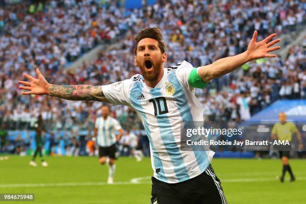 Lionel Messi of Argentina celebrates scoring a goal to make it 0-1 during the 2018 FIFA World Cup Russia group D match between Nigeria and Argentina...