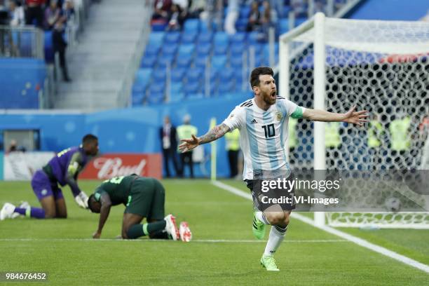 Nigeria goalkeeper Francis Uzoho, Kenneth Omeruo of Nigeria, Lionel Messi of Argentina during the 2018 FIFA World Cup Russia group D match between...