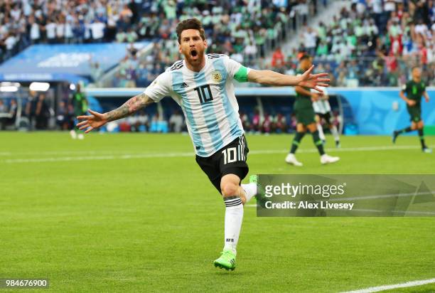 Lionel Messi of Argentina celebrates after scoring his team's first goal during the 2018 FIFA World Cup Russia group D match between Nigeria and...