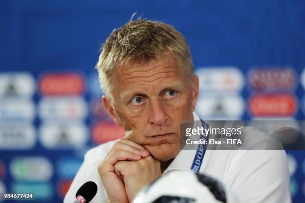 Heimir Hallgrimsson, Manager of Iceland speaks to the media in a press conference following the 2018 FIFA World Cup Russia group D match between...