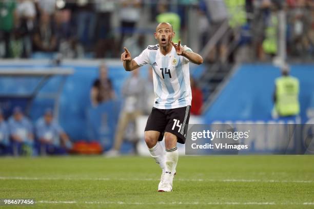 Javier Mascherano of Argentina gestures Iceland v Croatia result during the 2018 FIFA World Cup Russia group D match between Nigeria and Argentina at...