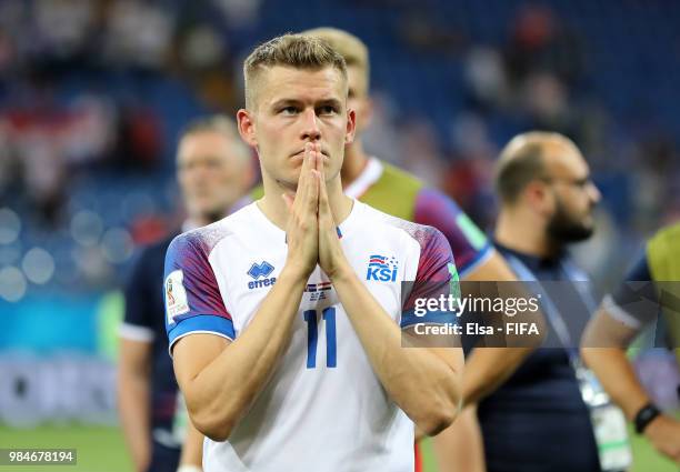 Alfred Finnbogason of Iceland looks dejected following his sides defeat in the 2018 FIFA World Cup Russia group D match between Iceland and Croatia...