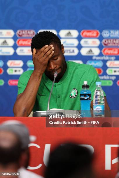 John Obi Mikel of Nigeria attends the post match press conference following the 2018 FIFA World Cup Russia group D match between Nigeria and...