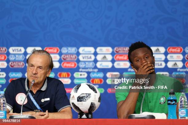 Gernot Rohr, Manager of Nigeria and John Obi Mikel attend the post match press conference following the 2018 FIFA World Cup Russia group D match...