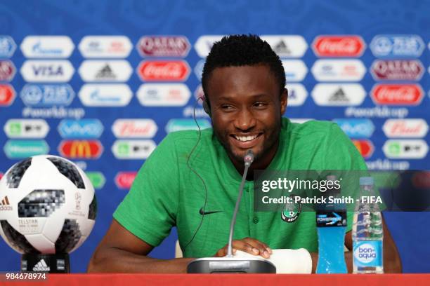 John Obi Mikel of Nigeria attends the post match press conference following the 2018 FIFA World Cup Russia group D match between Nigeria and...