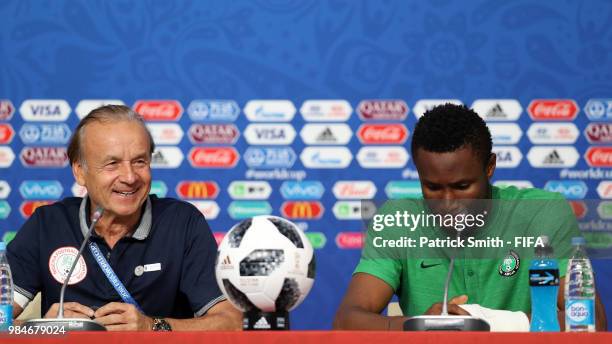 Gernot Rohr, Manager of Nigeria and John Obi Mikel attend the post match press conference following the 2018 FIFA World Cup Russia group D match...