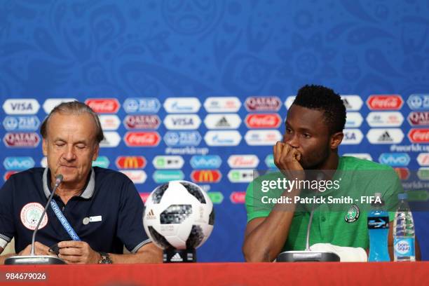 Gernot Rohr, Manager of Nigeria and John Obi Mikel attend the post match press conference following the 2018 FIFA World Cup Russia group D match...