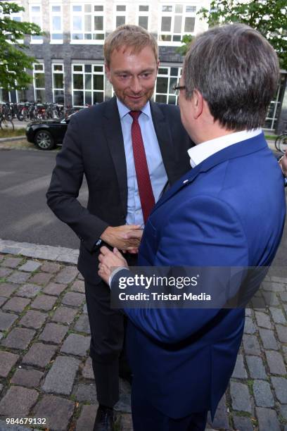 Christian Lindner and Armin Laschet attend the Landesvertretung NRW summer party on June 26, 2018 in Berlin, Germany.