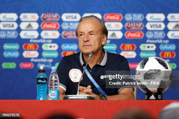 Gernot Rohr, Manager of Nigeria attends the post match press conference following the 2018 FIFA World Cup Russia group D match between Nigeria and...