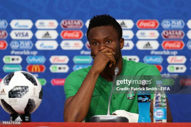 John Obi Mikel of Nigeria attends the post match press conference following the 2018 FIFA World Cup Russia group D match between Nigeria and...