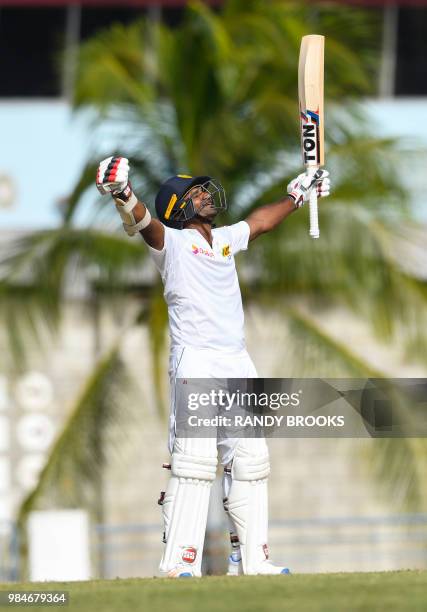 Kusal Perera of Sri Lanka celebrates winning on day 4 of the 3rd Test between West Indies and Sri Lanka at Kensington Oval, Bridgetown, Barbados, on...