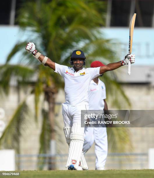 Kusal Perera of Sri Lanka celebrates winning on day 4 of the 3rd Test between West Indies and Sri Lanka at Kensington Oval, Bridgetown, Barbados, on...