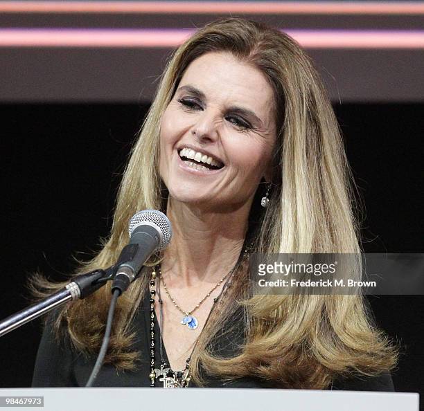 The First Lady of California Maria Shriver speaks during the American Women in Radio and Television 2010 Genii Awards at the Skirball Cultural Center...