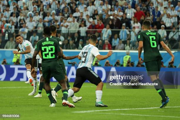 Marcos Rojo of Argentina scores his team's second goal during the 2018 FIFA World Cup Russia group D match between Nigeria and Argentina at Saint...
