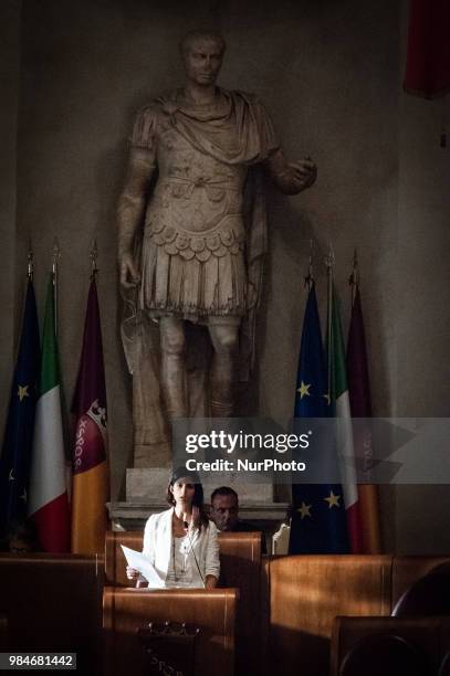 The Mayor of Rome Virginia Raggi presents to the Capitoline Assembly the counterclaim of the M5S on the title of a street in Rome to Giorgio...