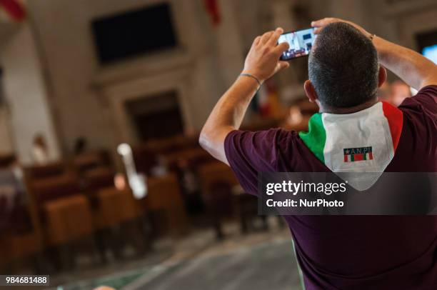 Members of the National Association of Italian Partisans taks a photo as The Mayor of Rome Virginia Raggi presents to the Capitoline Assembly the...