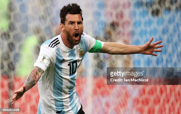 Lionel Messi of Argentina celebrates after he scores the opening goal during the 2018 FIFA World Cup Russia group D match between Nigeria and...