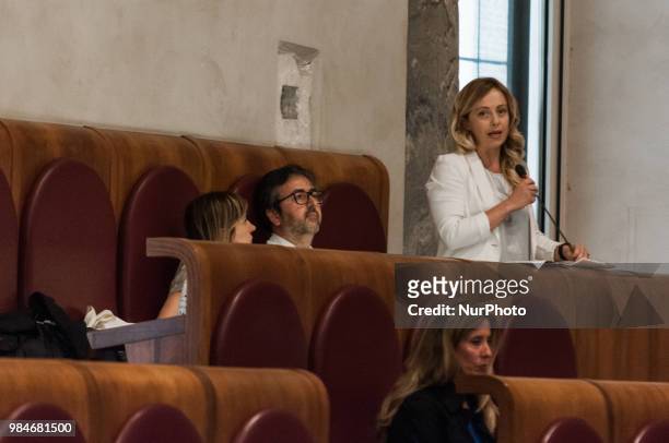 Giorgia Meloni from the Fratelli d'Italia party speaks during the Assembly Capitoline in Rome, Italy, on 26 June 2018. The Mayor of Rome Virginia...