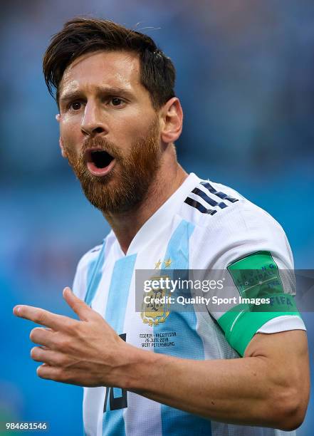 Lionel Messi of Argentina celebrates after scoring the first goal during the 2018 FIFA World Cup Russia group D match between Nigeria and Argentina...