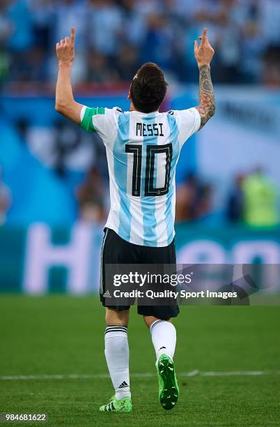 Lionel Messi of Argentina celebrates after scoring the first goal during the 2018 FIFA World Cup Russia group D match between Nigeria and Argentina...