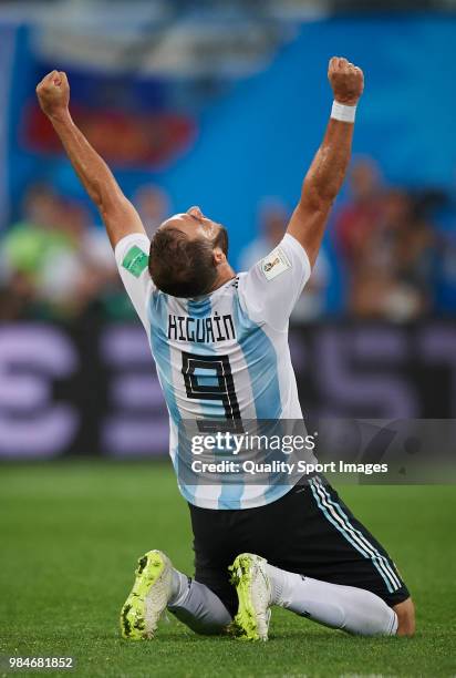 Gonzalo Higuain of Argentina celebrates the victory at the end of the 2018 FIFA World Cup Russia group D match between Nigeria and Argentina at Saint...